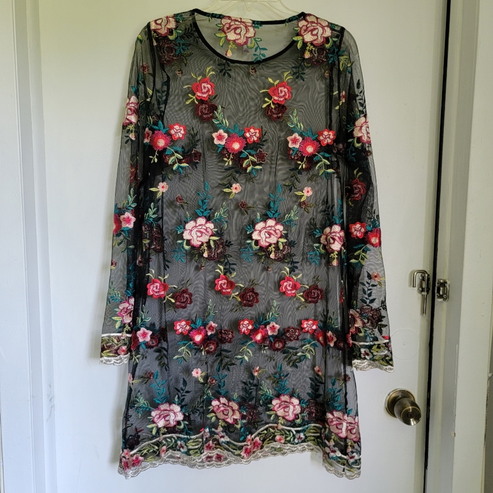 NEW Xhilaration black sheer mesh floral dress, S